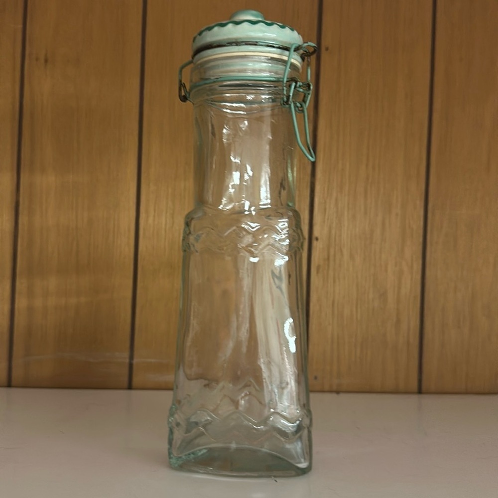 Vintage triangle glass jar with wire bale and metal lid